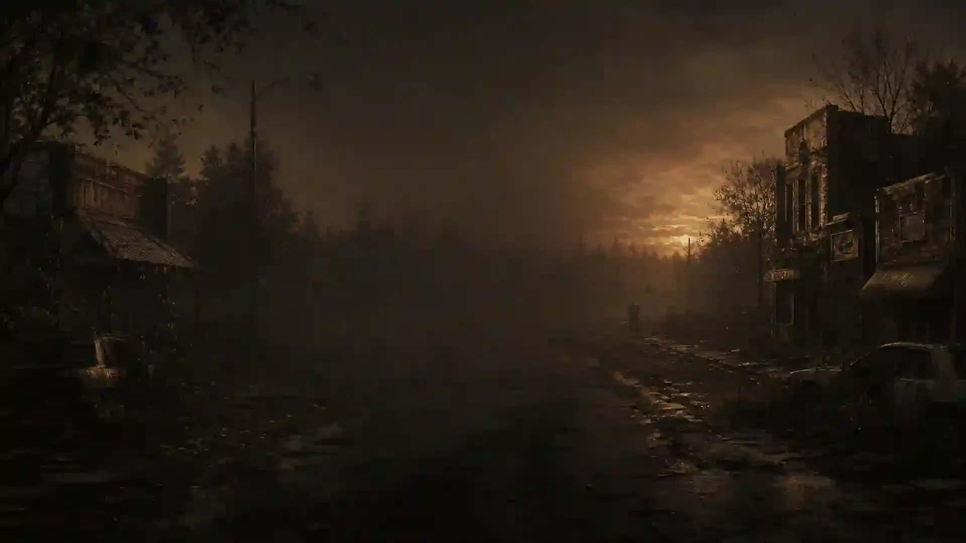 Sisler içinde terk edilmiş Ravenfall kasabası ana caddesi, alacakaranlık